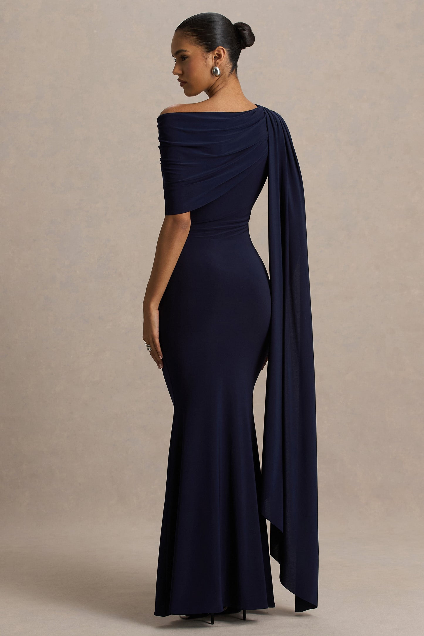 Tiana | Navy Asymmetric-Neck Maxi Dress With Drape-Detail