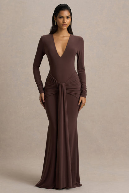 Saffie | Chocolate Extreme-Plunge Wrap Maxi Dress With Long-Sleeves And Ruched Detailing