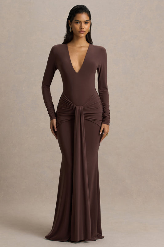 Saffie | Chocolate Extreme-Plunge Wrap Maxi Dress With Long-Sleeves And Ruched Detailing