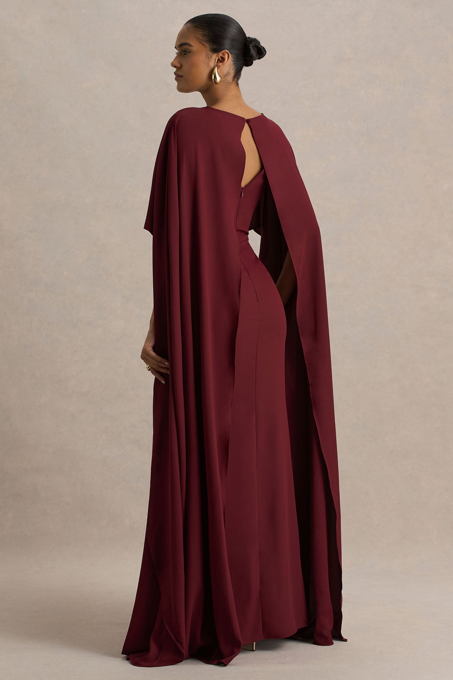 Pristina | Burgundy High-Neck Woven Maxi Dress With Cape Detail