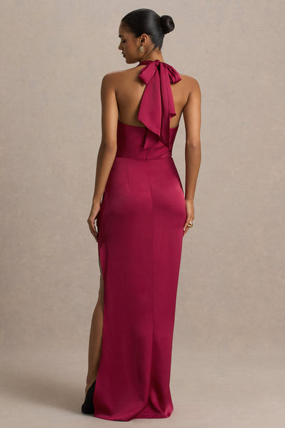 Lynette | Burgundy Satin Plunge-Neck Asymmetric Maxi Dress