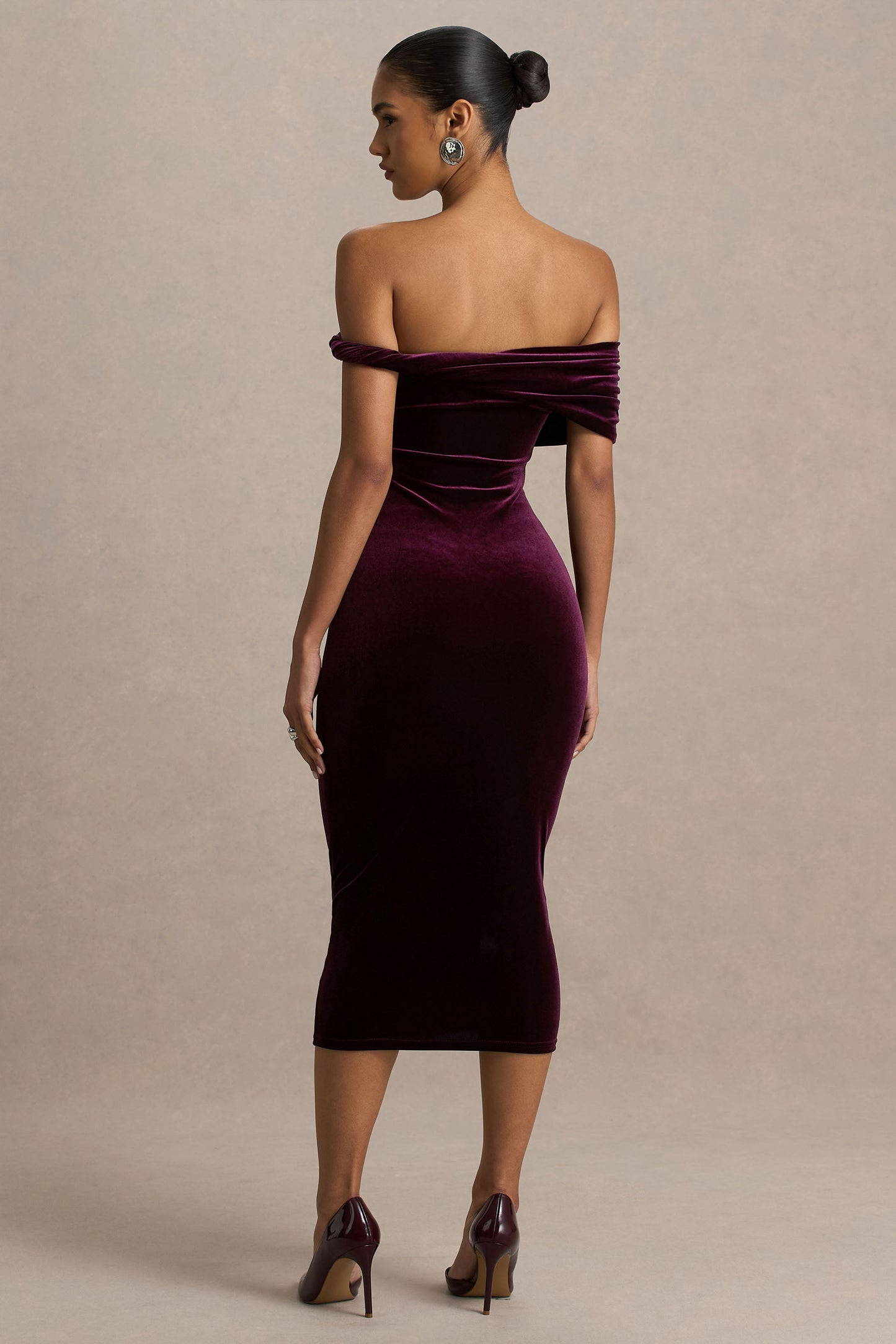 Billie | Burgundy Velvet Bardot-Neck Midi Dress With Twist-Sleeve