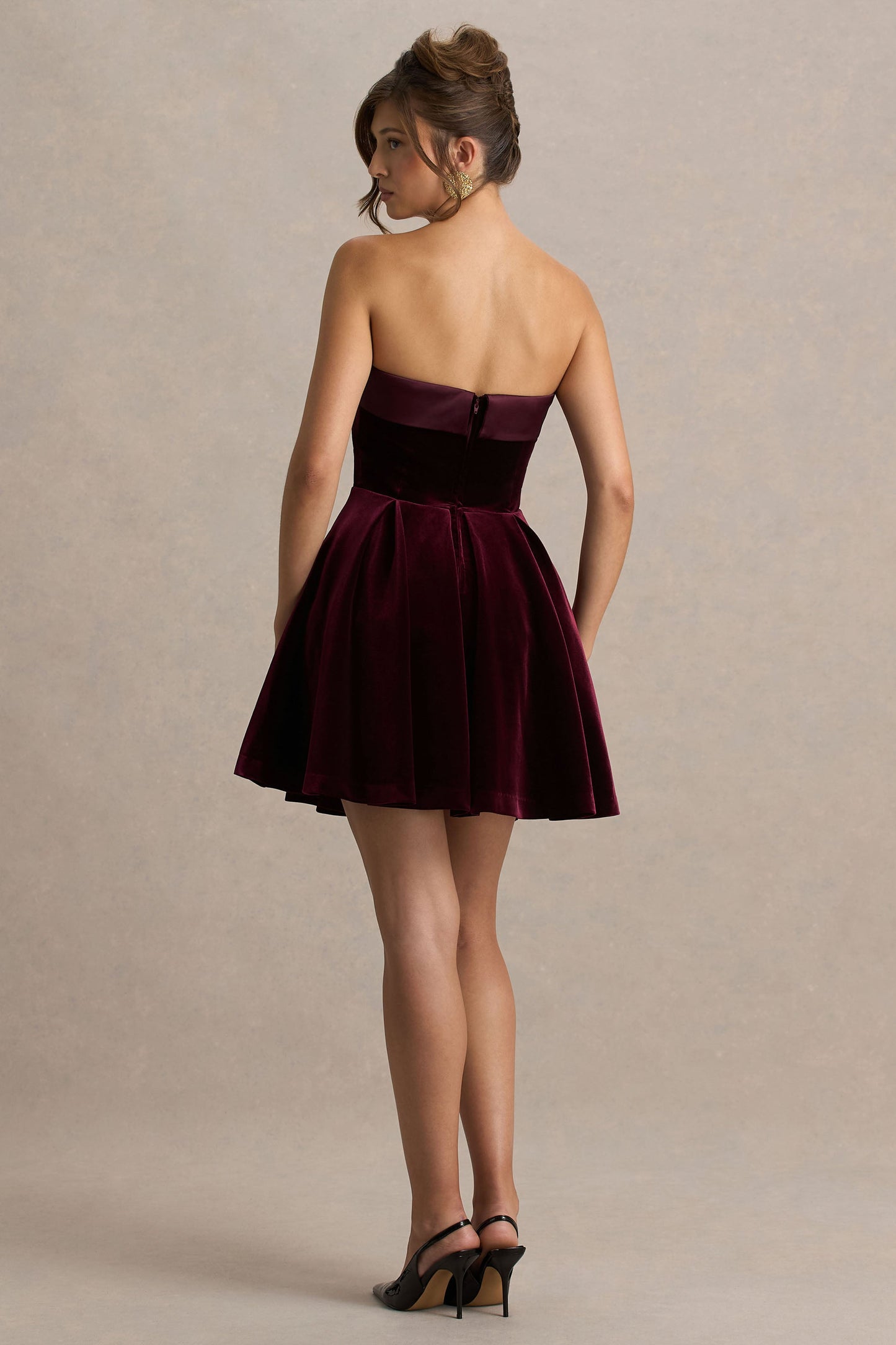 Mina | Burgundy Velvet And Satin Bandeau-Neck Skater Mini Dress