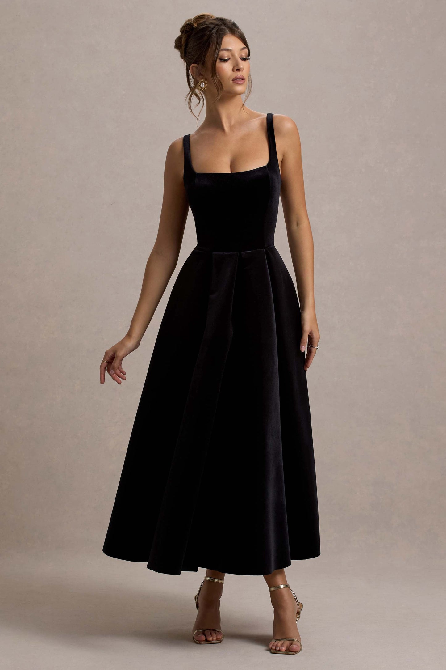 Francisca | Black Velvet Strappy Volume-Hem Midi Dress