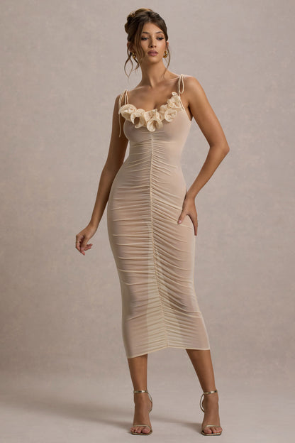 Jesi | Cream Mesh Ruched Midi Dress With Ruffles