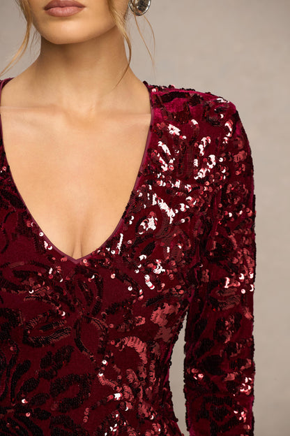 Ritz | Burgundy Sequin Plunge-Neck Mini Dress With Long Sleeves
