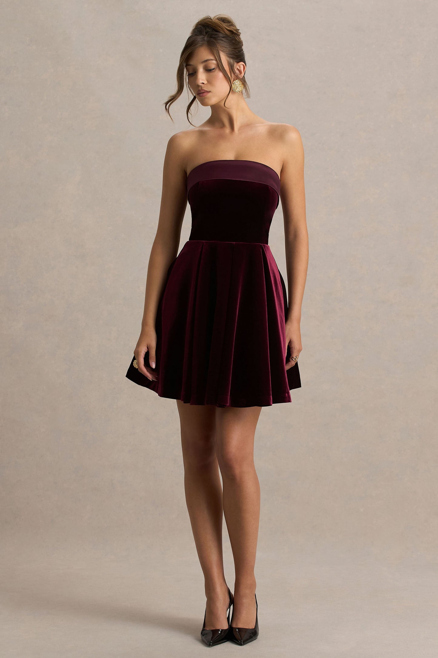 Mina | Burgundy Velvet And Satin Bandeau-Neck Skater Mini Dress