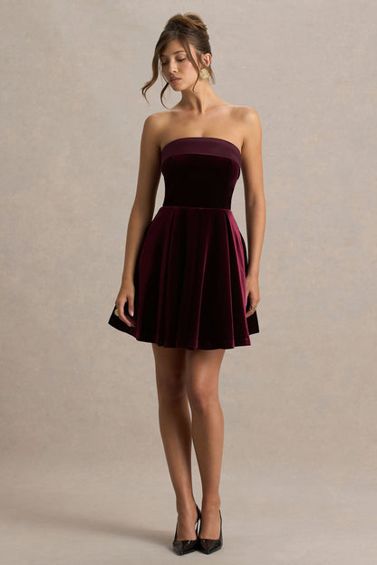 Mina | Burgundy Velvet And Satin Bandeau-Neck Skater Mini Dress